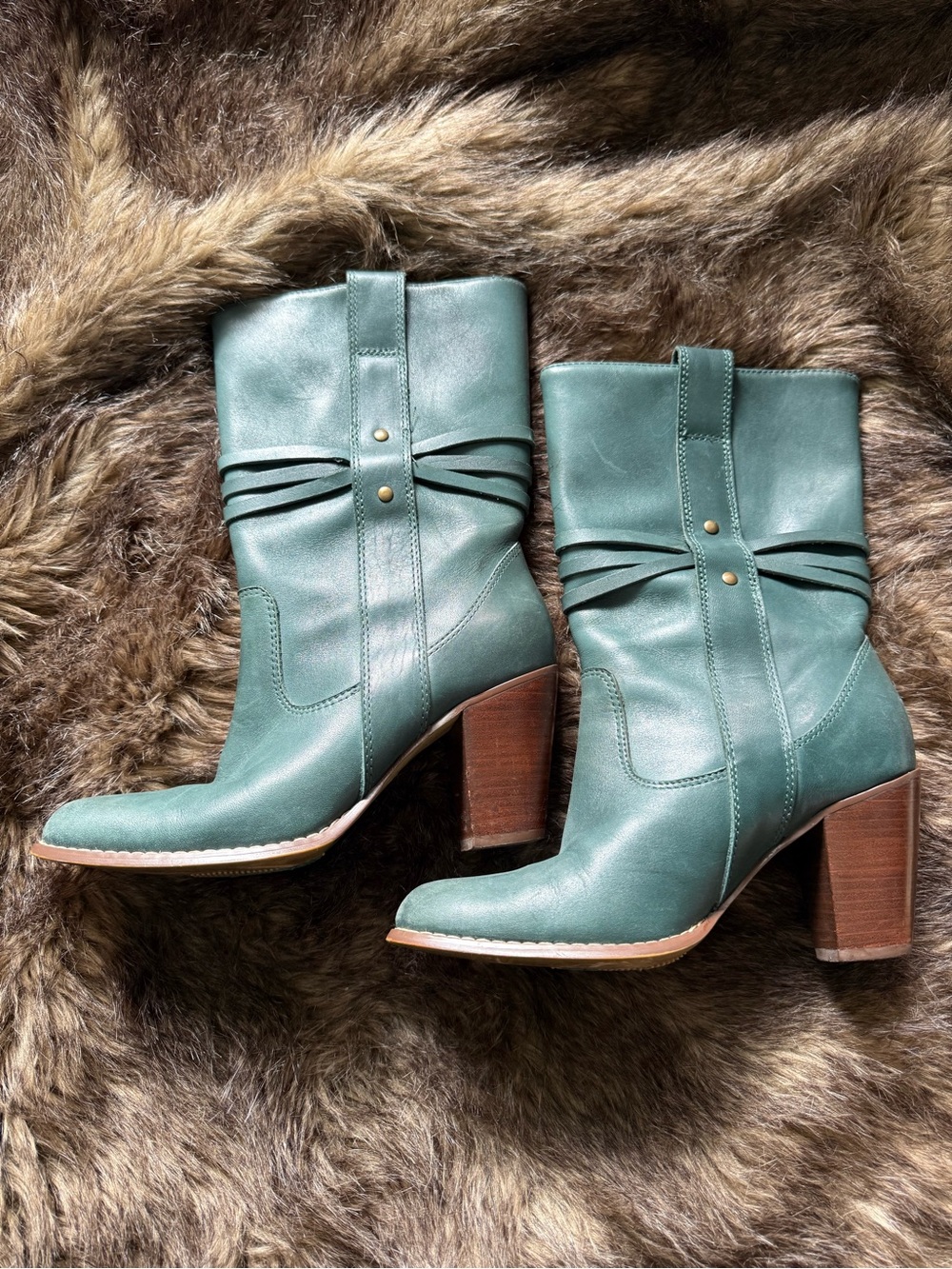 Seychelles Teal Leather Mid-Calf Block Heel Boots